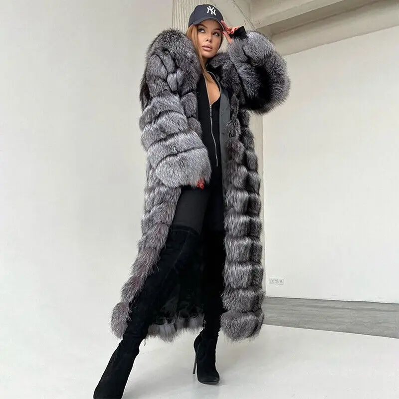 130cm New Women Real Silver Fox Fur Coats Hood Long Overcoats Luxury Winter Thick Warm Natural Genuine Fox Fur Jackets Outwear