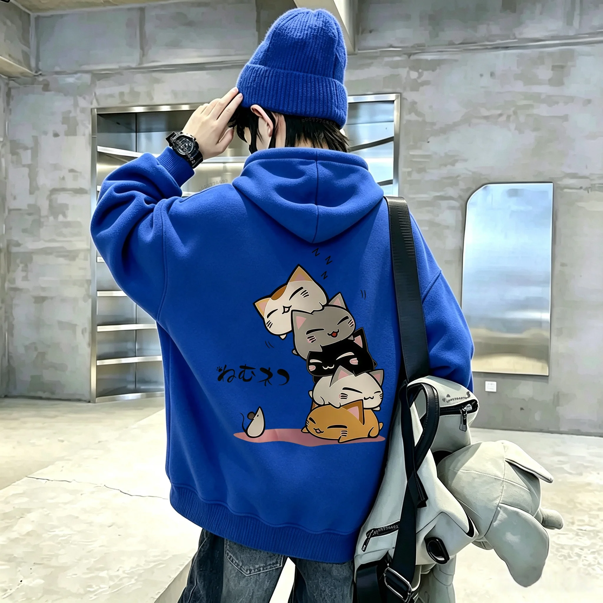 Cute layered lazy cat cartoon pattern printed children's hooded sweater. Japanese-style lettered casual loose-fitting hoodie.