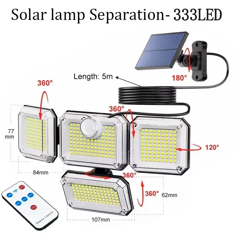 333 LED Solar Lights Outdoor Motion Sensor Human Induction Adjustable Head IP65 Waterproof 3 Modes Solar Power Wall Lamp