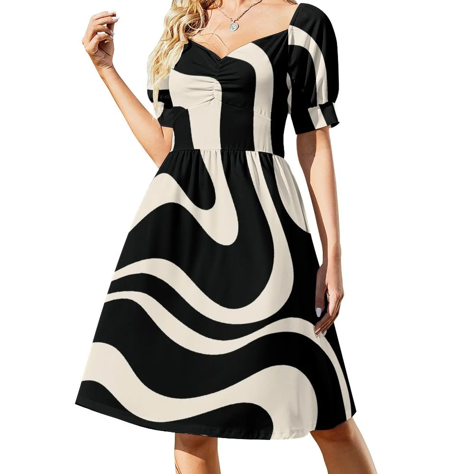 

Modern Liquid Swirl Abstract Pattern Square in Black and Almond Cream Short Sleeved Dress Long dress Dress