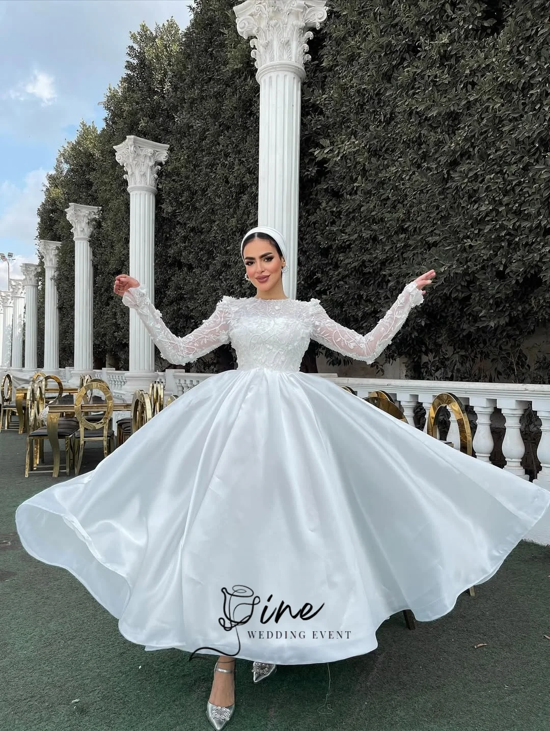 Oine White Princess Muslims A-line Caftan Wedding Dress 2026 Floral Applique Long Sleeve Hijab Middle East Prom Gown Customized