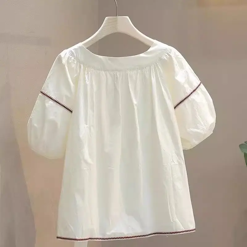 Korean Style Woven Hollow Lace-up Apricot Puff Sleeve Shirt Women Summer Temperament Top