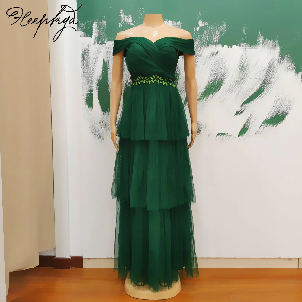 

New 2024 Long Green Evening Dress Tiered Skirt A Line Off The Shoulder High Quality Tulle Women Formal Gowns Robe De Soiree