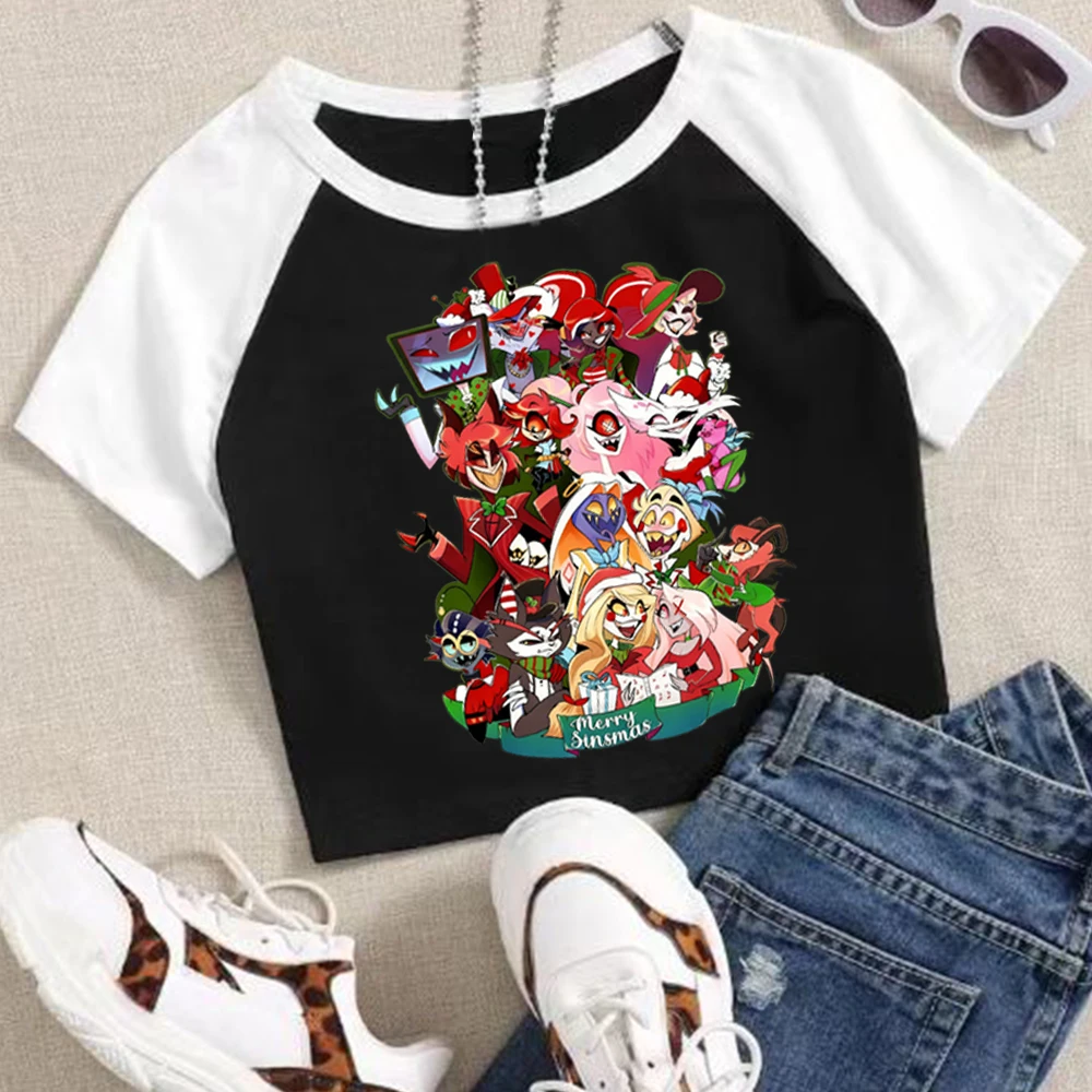 

Рождественский дизайн отеля Hazbin, укороченные топы, футболка для девочек, модная женская футболка с круглым вырезом и коротким рукавом