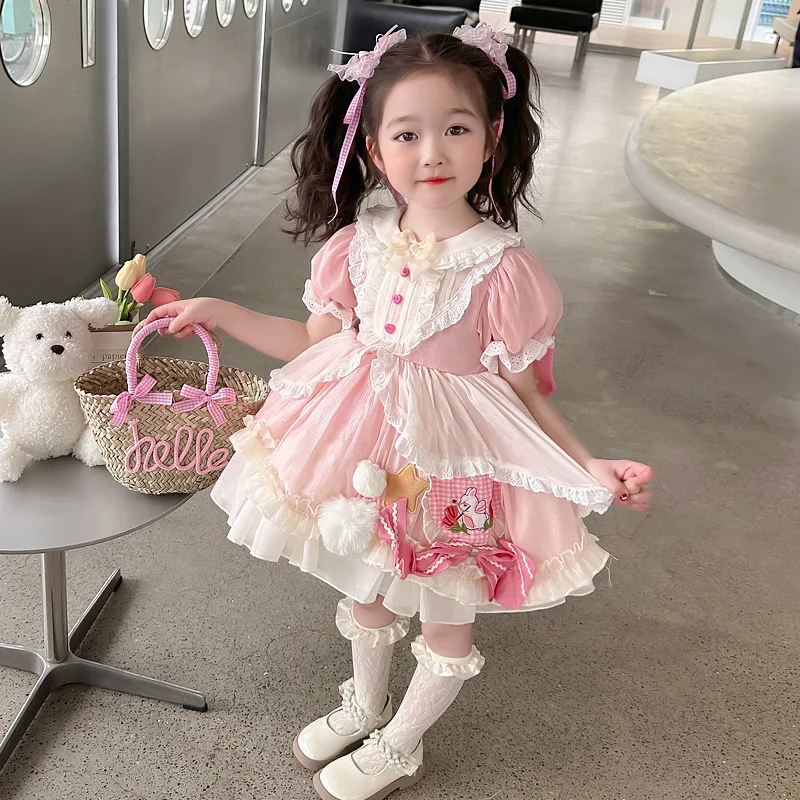 

Girls Cute Lolita Princess Dress Summer 2025 New Summer Baby Girl Bow Birthday Dress Fashion Casual
