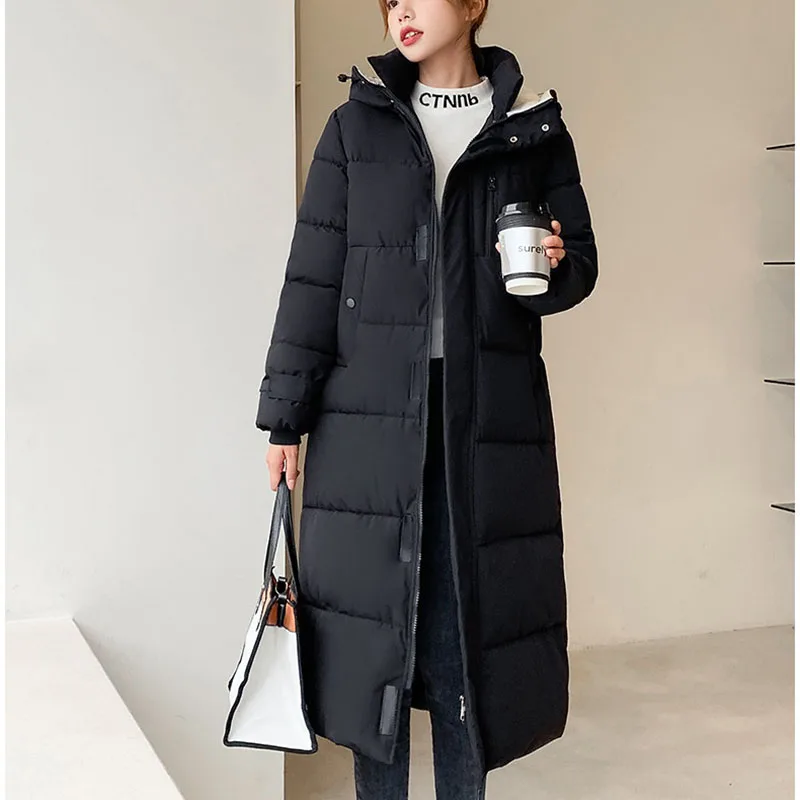 Płaszcz Zimowy Ciepły z Kapturem Damska Kurtka Watowana Bawełną 2025 Nowa Moda Jednolity Kolor Temperament Damska Kurtka Puchowa Bawełniana H363