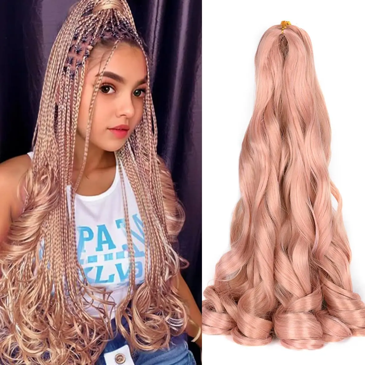 Francês Curls Extensões sintéticas do cabelo da trança para mulheres, onda solta, cachos espirais, pre esticadas, tranças Ombre