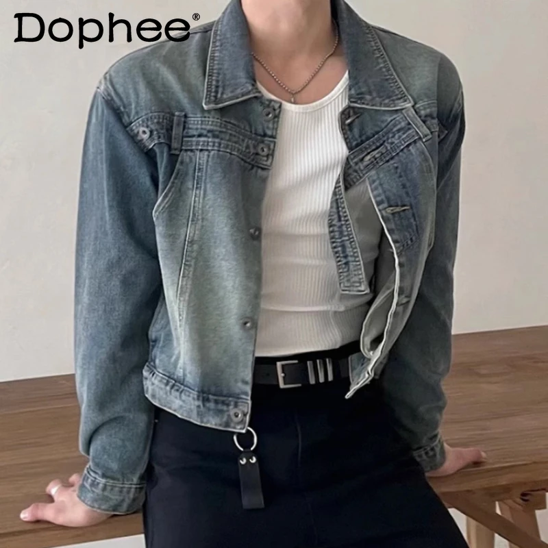

Men's Retro Denim Jackets Men's 2025 Autumn New Loose Comfort Short Style Jacket Trendy Niche Lapel Long Sleeve Denim Coats Tops