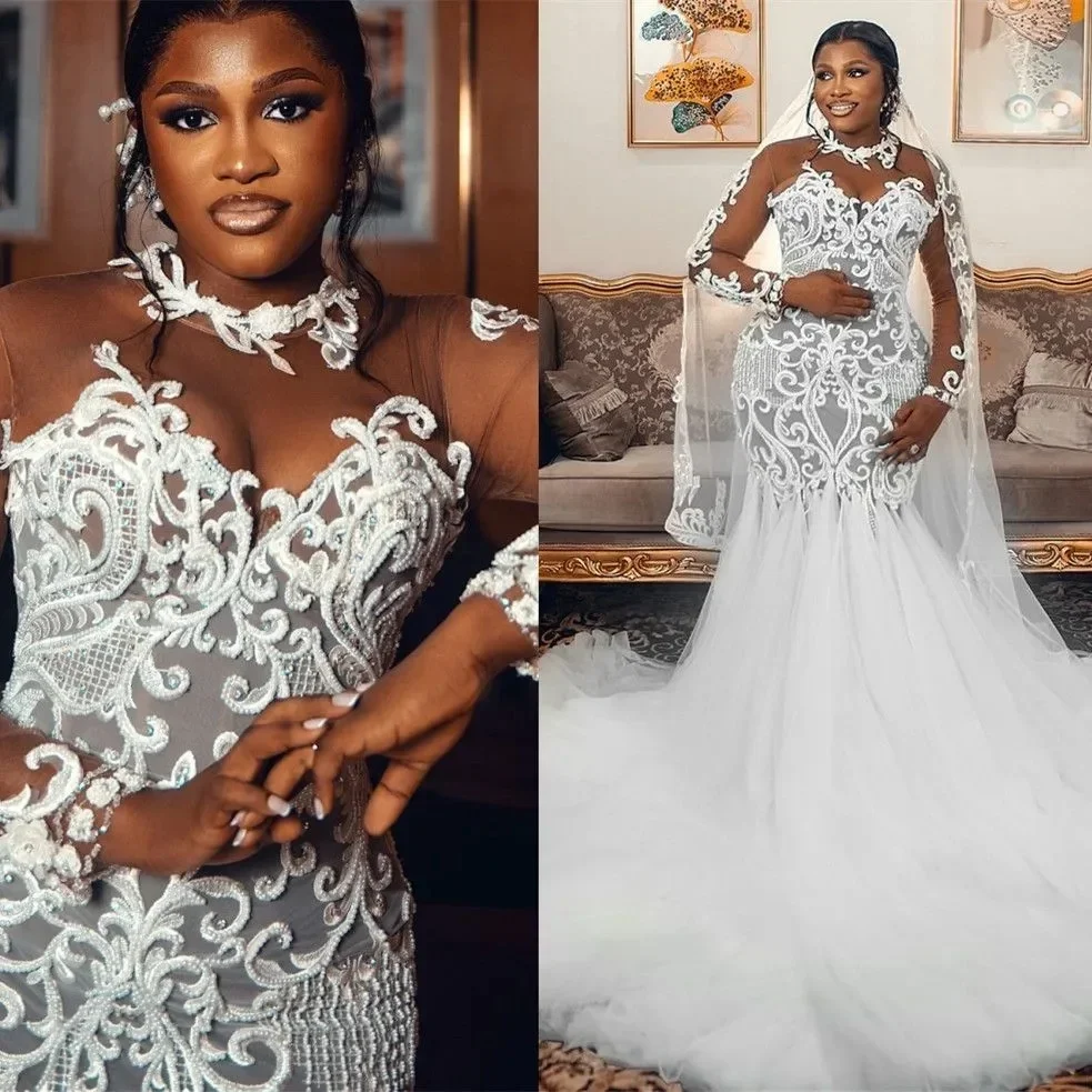 Customized Ivory Illusion Mermaid Wedding Dress Pearls Sheer Neck Full Sleeves Lace Vintage Elegant Bridal Gowns Dresses