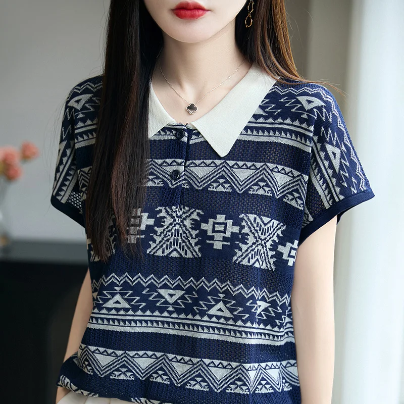 

Новинка лета 2025 года, женская повседневная свободная рубашка-поло из 100% лиоцелла Tencel с коротким рукавом, винтажная рубашка в тон, Джокер с половиной рукава b