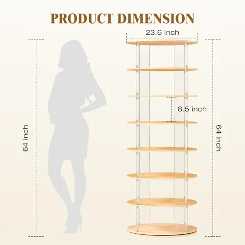 

7-Tier Round Acrylic And Wood Shoe Tower With 360° Swivel Rotation For Closet, Entryway, Bedroom Organization