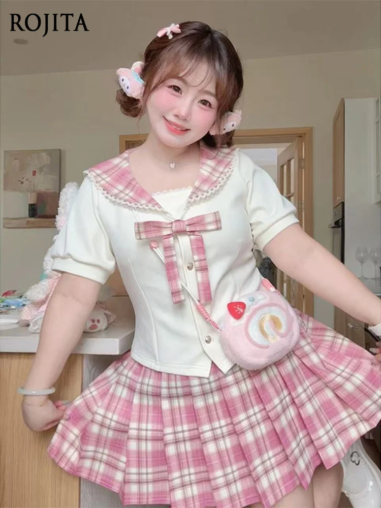 

Sweet Summer Bow Navy Collar Single Breasted Slim Fit Short Sleeve Top and Plaid Pleated Skirt Set Fashion Lolita Sets