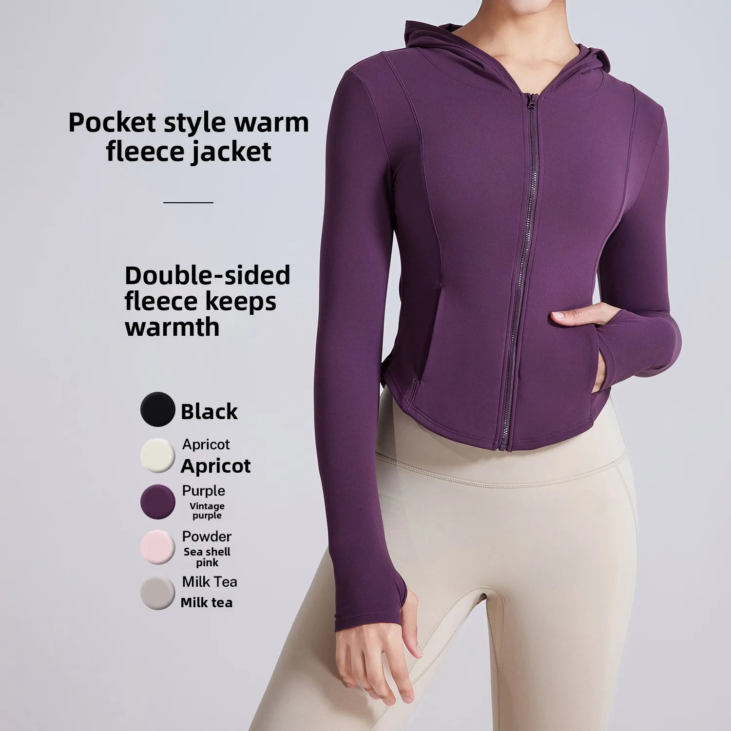 

Women's Fitn Running Jaet Long Sve Slimming Yoga Clothes Double-sided Naked Sensation Sportswear with Zipper Hood