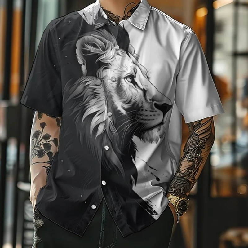 3d Black White Animal Print Men\'s Shirt Fashion Casual Short Sleeve Shirt Retro Loose Oversized Hawaiian Shirts For Men 2024 Top