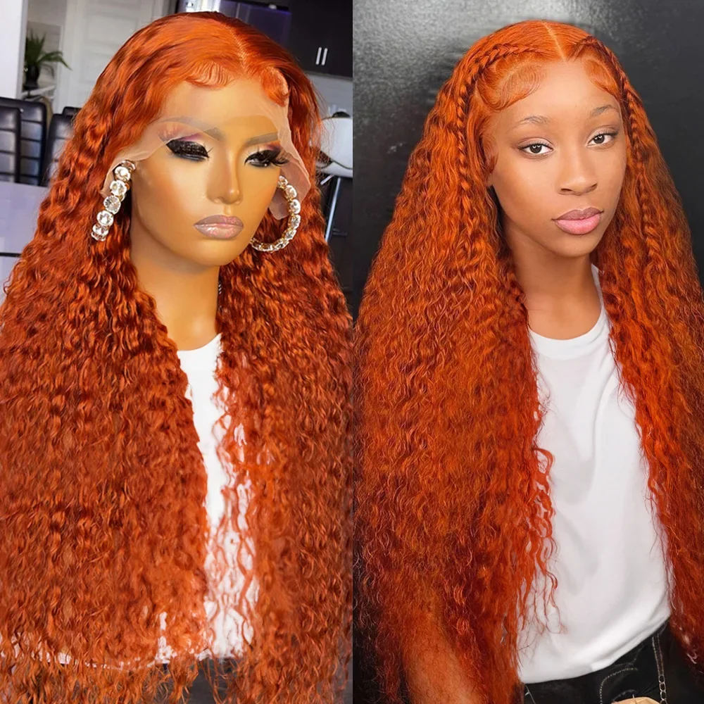 Peluca de cabello humano rizado para mujer, postizo de encaje frontal 13x4, color naranja jengibre, 350 de densidad, resaltado, onda profunda, brasileño, 180