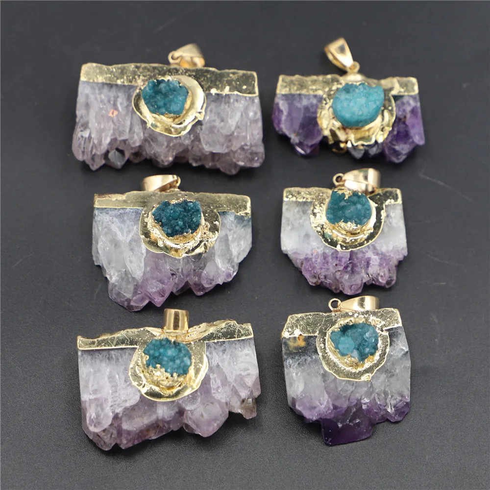 Natural Stone Amethysts Slice Druzys Agates Pendant Designer Charms Blue Crystal Quartz Necklace Male Raw Slab Geode Women 6PCS