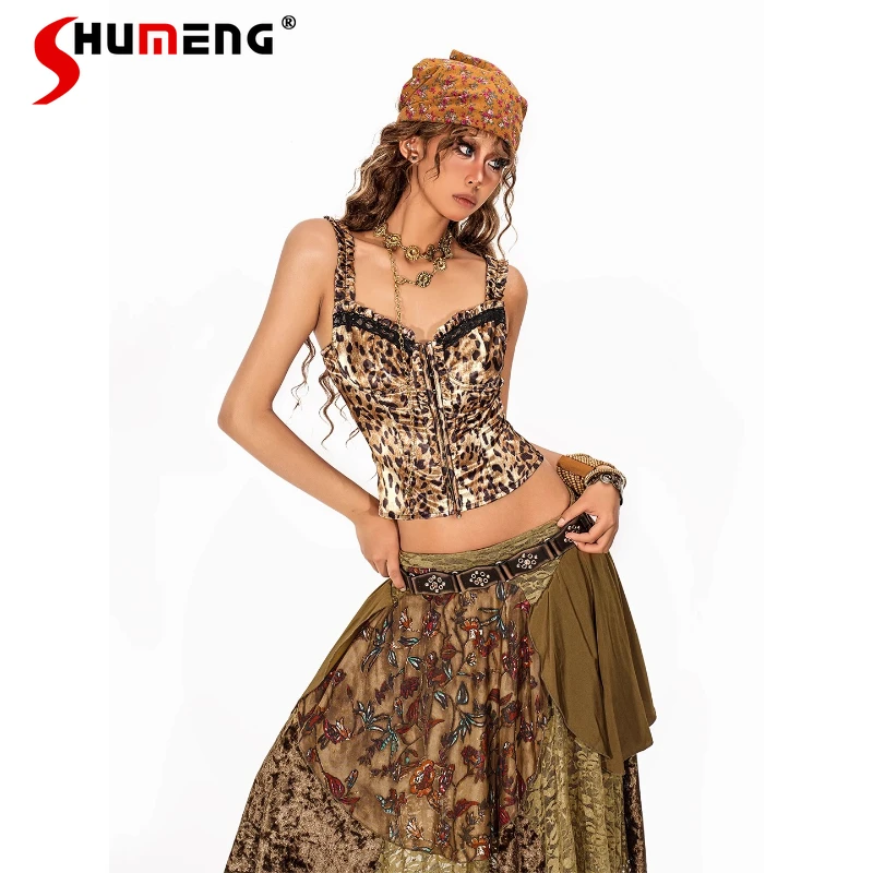 

New Vintage Leopard Print Cardigan Suspender Vest Camisoels For Women's Summer Wear Sexy Millennial Y2k Hot Girls Sleeveless Top