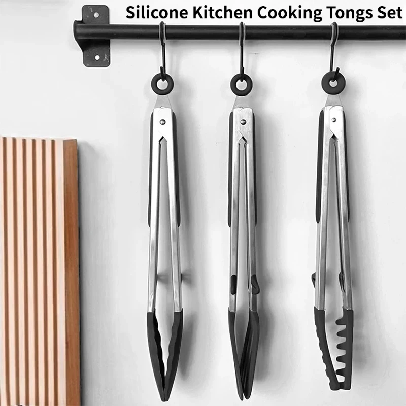 3pcs Silicone Kitchen Cooking Tongs Set Stainless Steel Nonstick Food Tongs Non-Slip Cooking Clip Clamp BBQ Salad Grill Tools