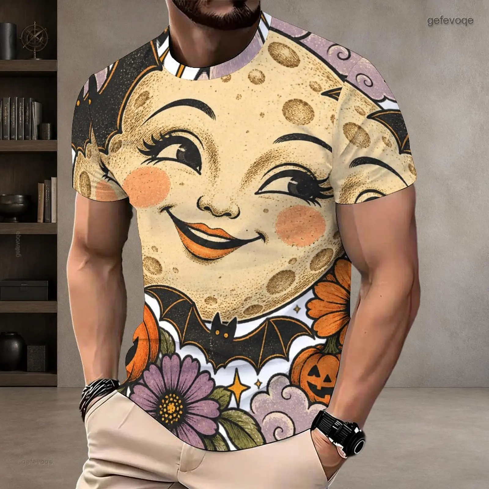 Men Printed Round Neck Short Sleeve T Shirt, Retro Smiling Moon, Bat, Pumpkin and Floral Design