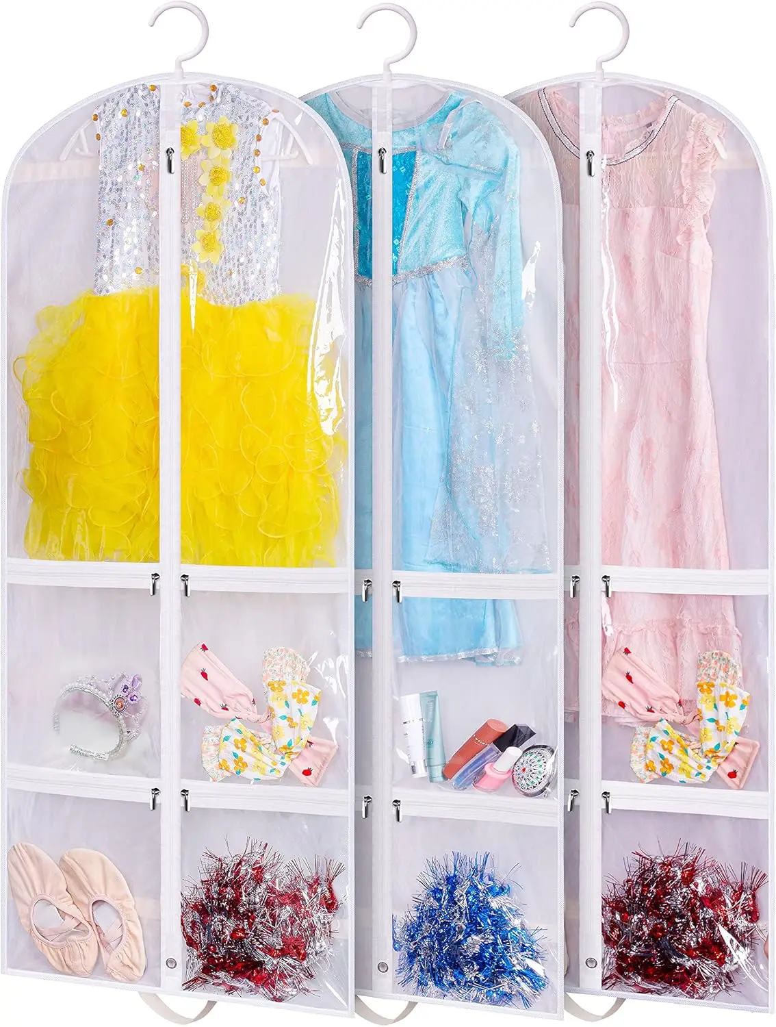 

Прозрачные чехлы для танцевальных костюмов, детские сумки для хранения с карманами на молнии, набор из 3 штук, белые