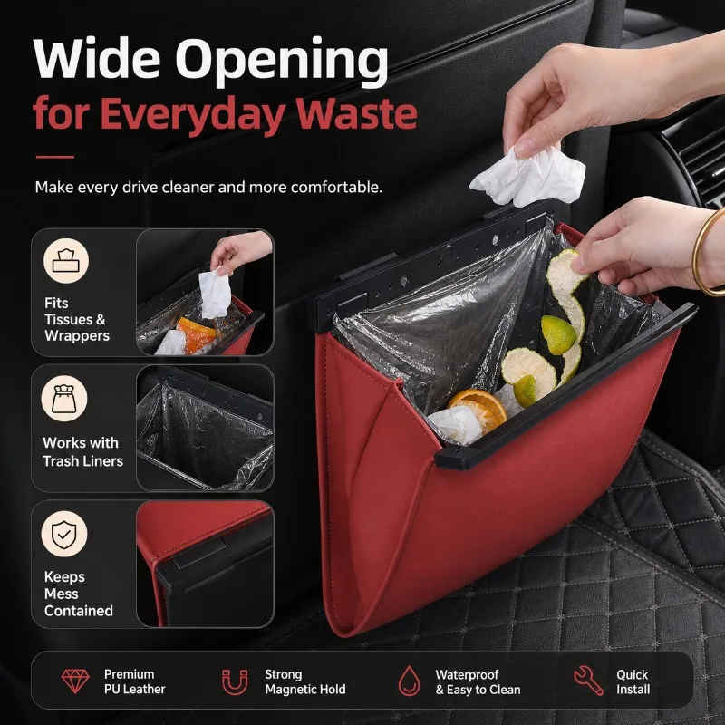 Foldable Car Trash Can with Magnetic Closure, Waterproof PU Leather, Snap-On Seat Back Organizer, Leak-Proof Waste Bin, 5 Colors
