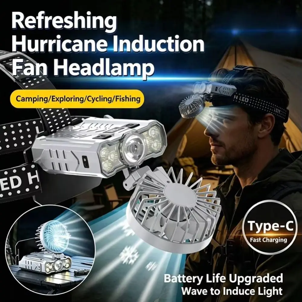 Motion Sensor Headlamp with Fan Foldable Rechargeable Rechargeable Headlamp Adjustable Strap Cooling Fan Headlamp Outdoor Repair
