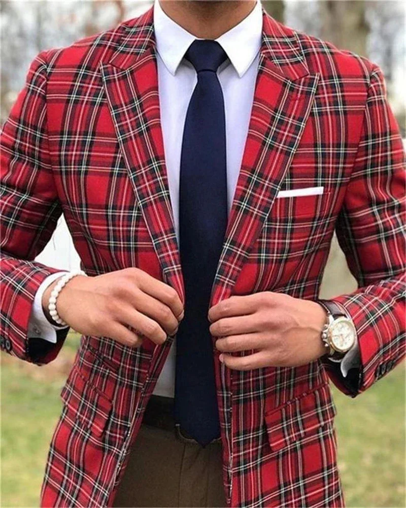 

Red Plaid Costume Homme Men Suits Peak Lapel Prom Slim Fit Terno Masculino Tuxedo Groom Wear Blazer Wedding (jacket+pants)