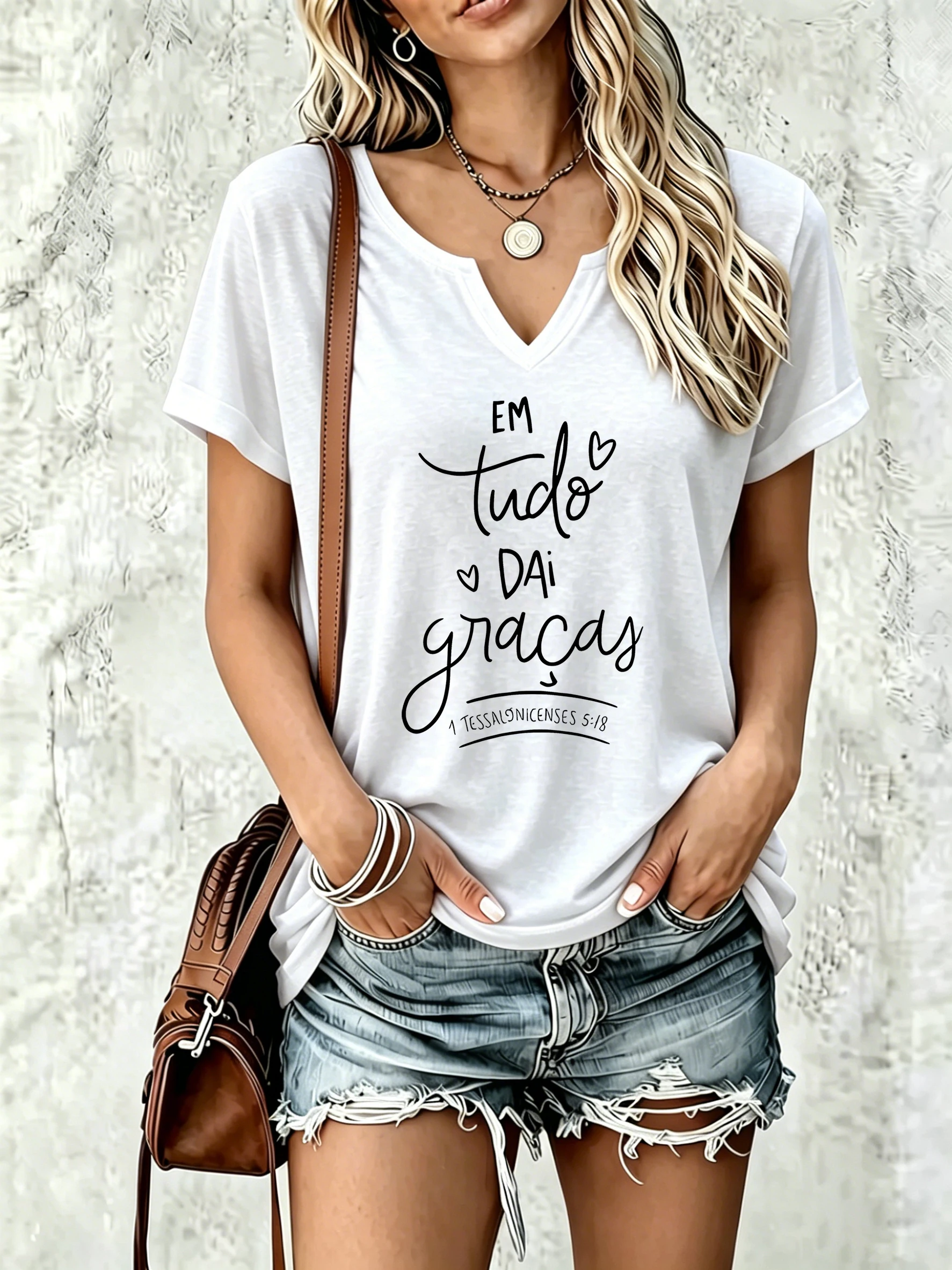 Women Summer Notch V Neck Short Sleeve T-Shirt, Em Tudo Dai Graças Letter Print Casual Tee for Daily Street Wear
