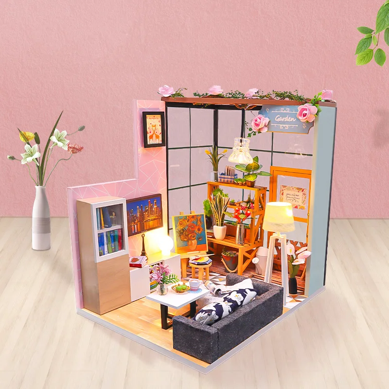 DIY Dollhouse Sweet Bedroom Style with Dust Cover Miniature Model Building Blocks Kids Toys Dollhouse Miniature Wooden Toys