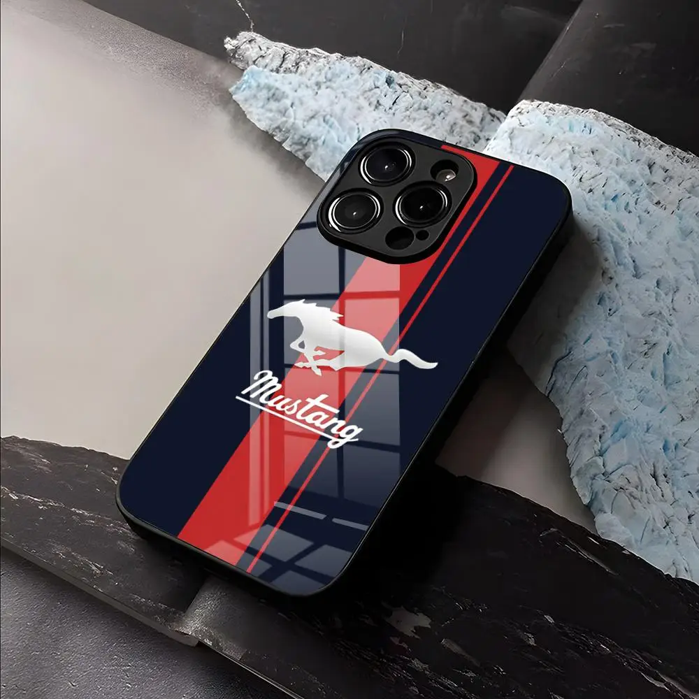 Auto M-MustangS Logo Handyhülle für iPhone 17 Air 16 E Pro Max 15 14 13 Mini 12 Pro 11 Max Plus Schwarze Glasabdeckung