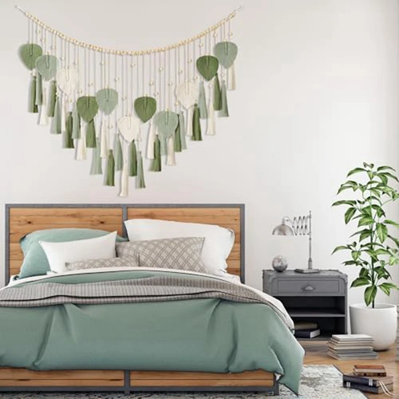 Imagem -05 - Macramé Wall Hanging Folhas Grande Pena Chic Boho Wall Decor Wowen Wall Art Borlas de Folhas Tapeçaria para Casa e Escritório Verde pc