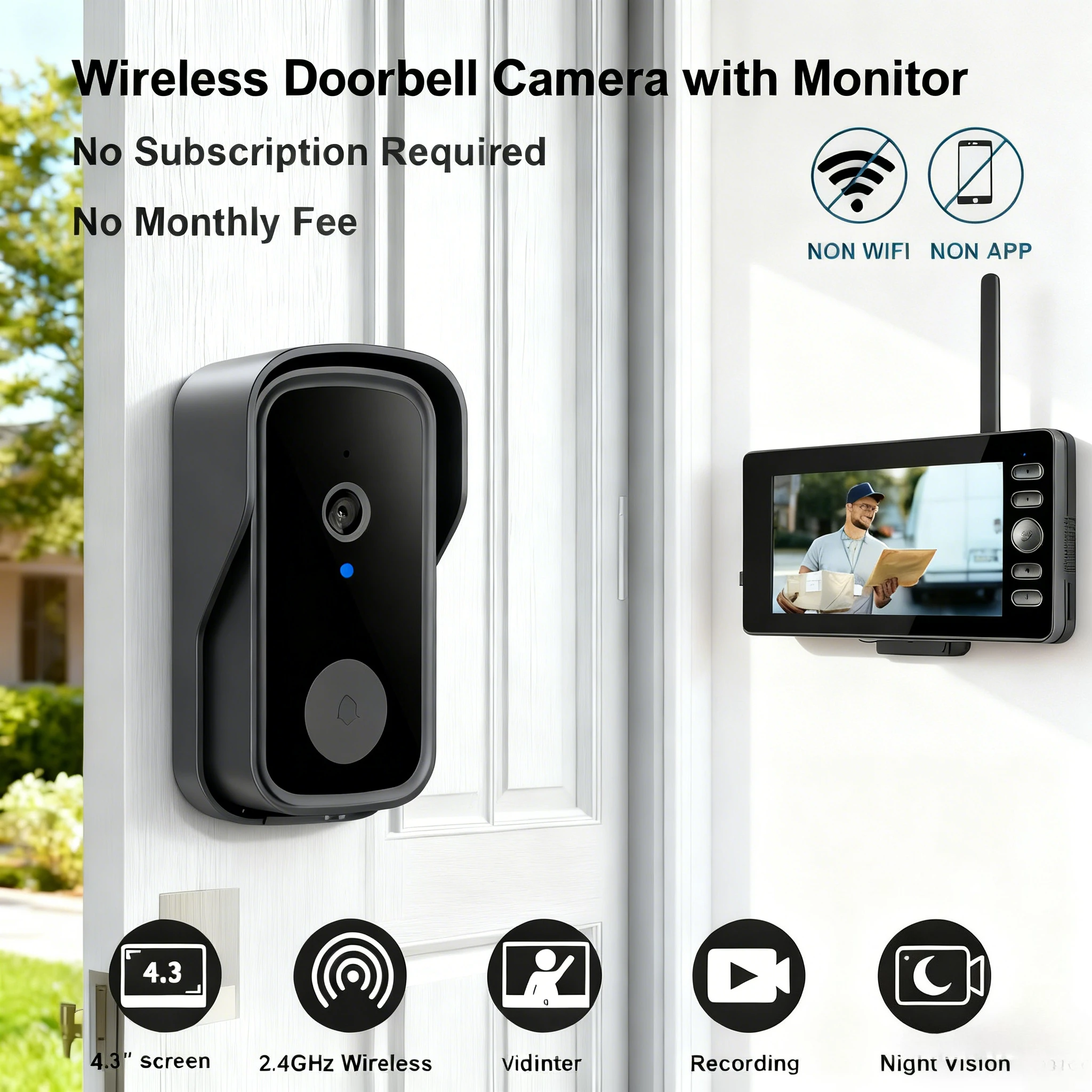 4.3 ''شاشة كاميرا الجرس 2-way الصوت الداخلي فيديو للرؤية الليلية الاستيقاظ الباب الرقمي ثقوب المنزل الذكي جرس الباب اللاسلكي