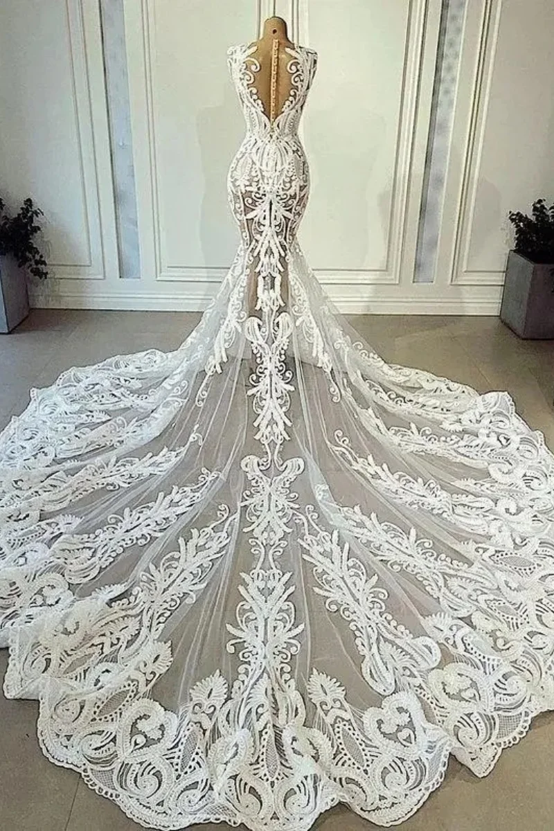 تخصيص 2025 أحدث منظور مثير حورية البحر مخصص فستان الزفاف فستان الزفاف ملصقات الدانتيل ذيل المحكمة النيجيري الأفريقي