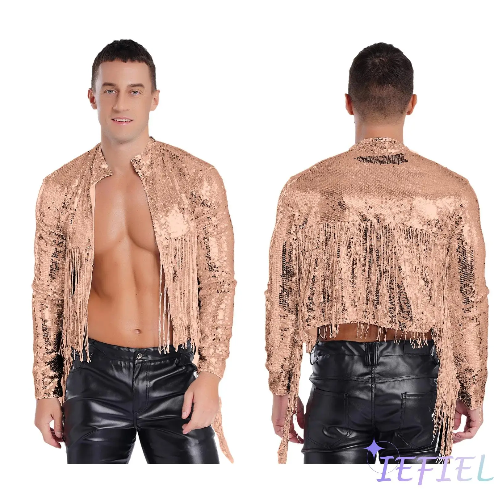 

Mens Disco Dance Ballroom Costume Glittery Sequin Tassel Bomber Jacket Stand Collar Long Sleeve Open Front Crop Blazer Outerwear