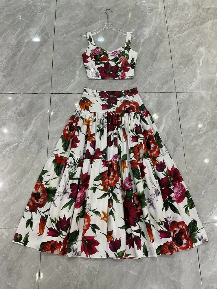 Luxury Designer Summer Women 2 Piece Set - Starfish Shell Printed Cotton Crop Top & Maxi Skirt | High Quality Beachwear 2025