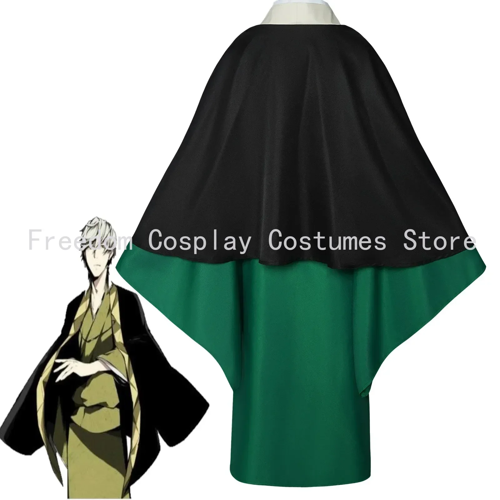 Anime Bungo Stray Dogs Fukuzawa Yukichi Cosplay Costume Wig Full Suit Green Kimono Cloak Shawl Man Christmas Halloween Suit