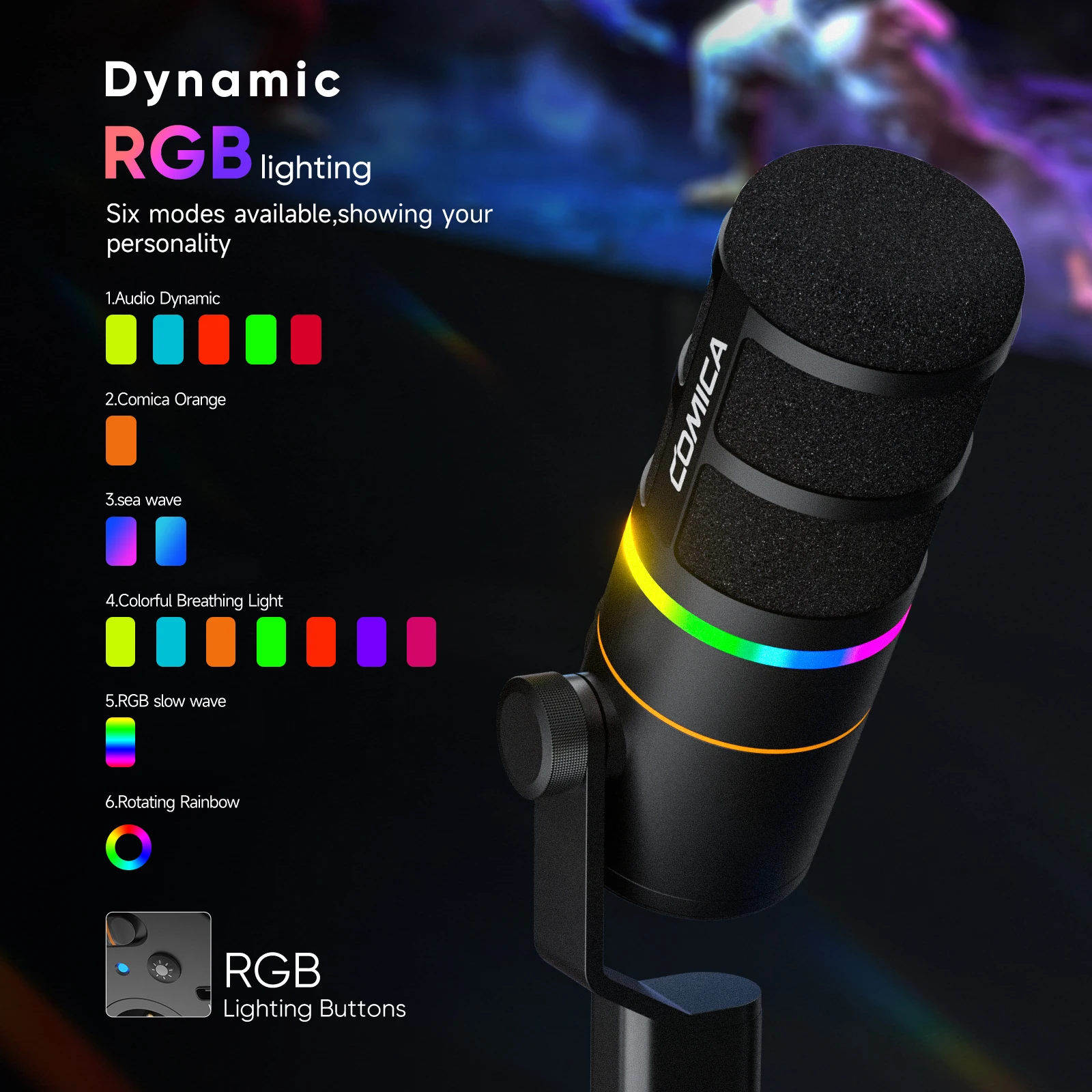 COMICA D10 RGB Cardioid USB/XLR Dynamic Wired Microphone Desktop Gaming Mic Voice Noise Reduction for Streaming Interview