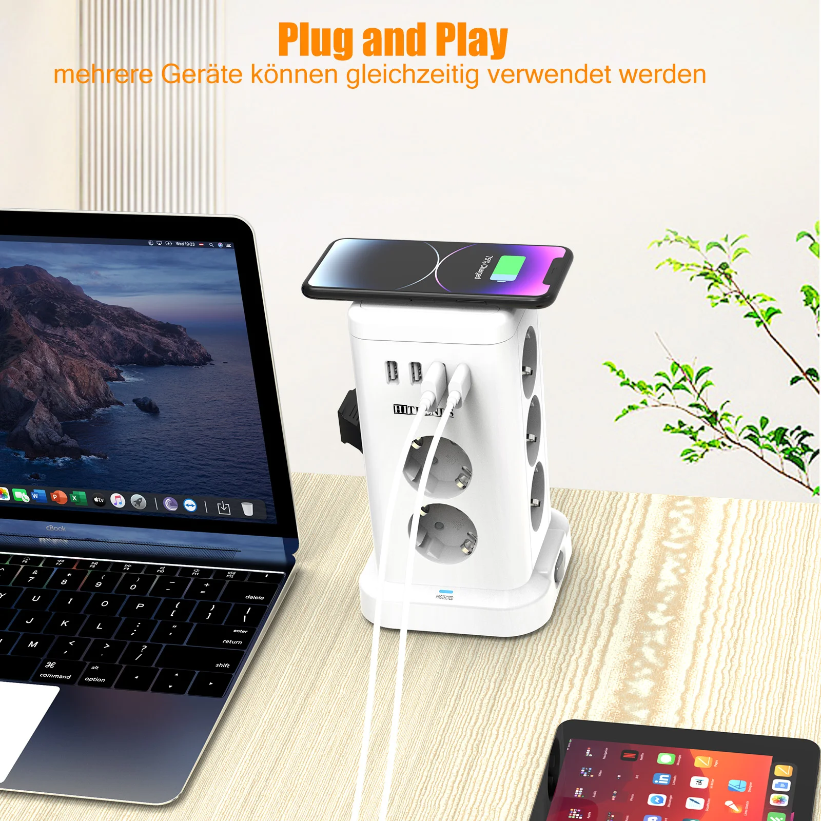 15-in-1 smart power board with EU plug standard 3680W, 7/11AC socket, 3USB-A and 1USB-C charging ports, 2-meter extension cable image 6