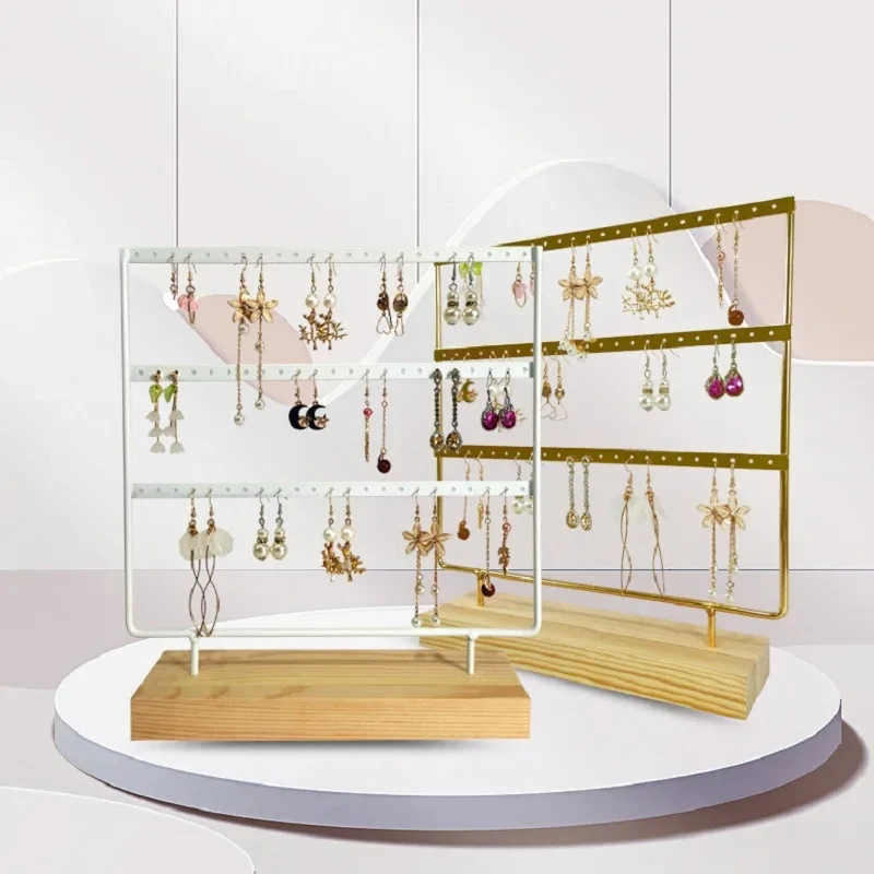 Earring Stand Wooden Base Jewelry Towel with Holes Hanging Jewelry Organizer Large Metal Holder for Earrings Ear Stud Necklace - view 2