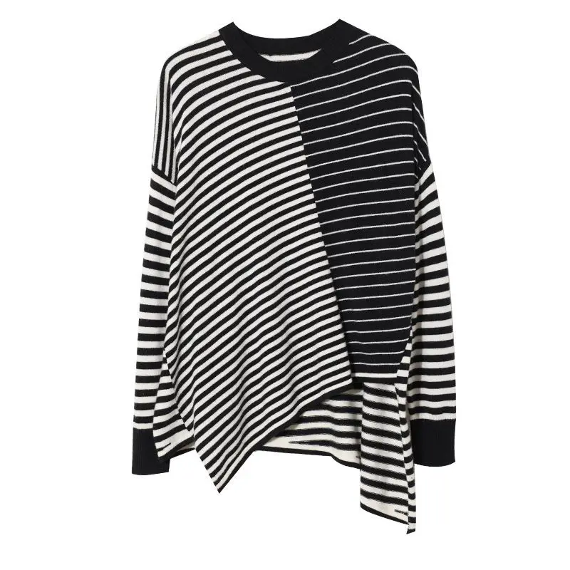 2023 Spring and Autumn Fashion Western Round Neck Stripe Contrast Shoulder Sleeves Loose Leisure Oversized Design Hem T-shirt