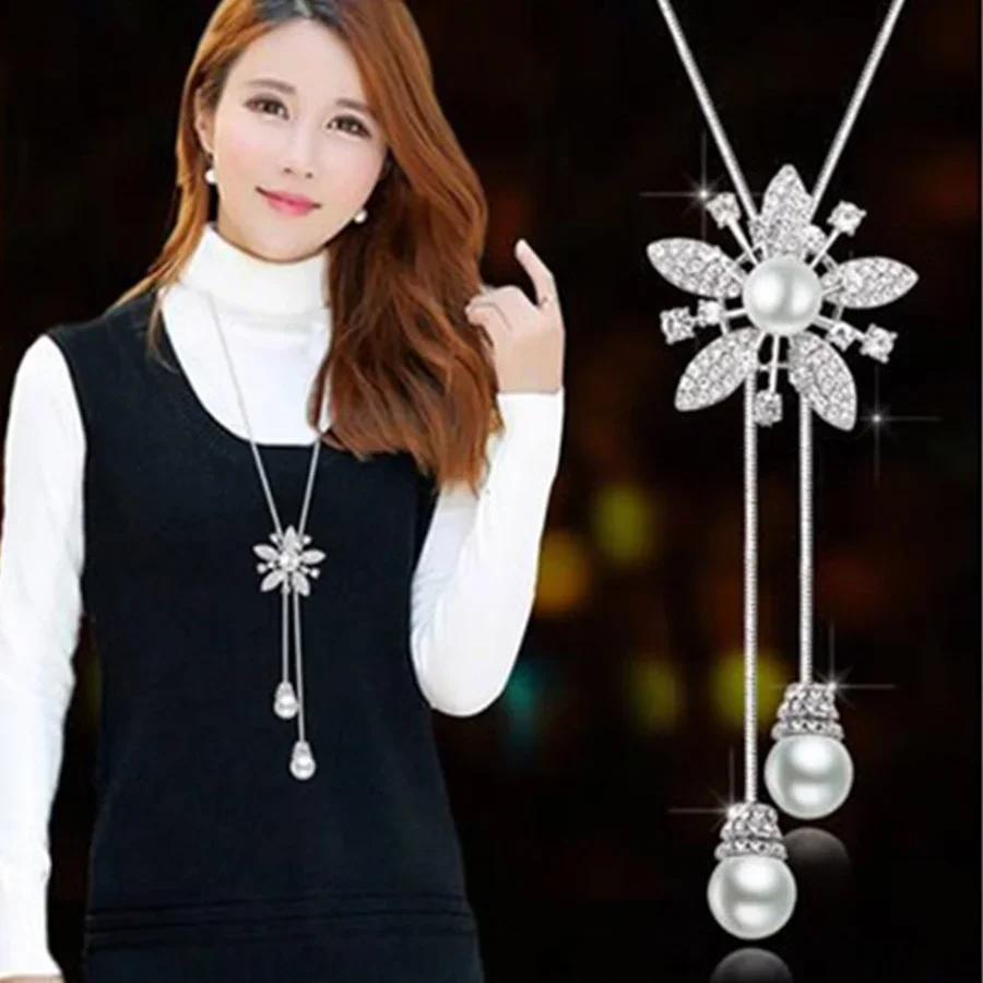 Crystal Wreath Tassel Sweater Chain Long Necklace Korean Flower Zircon Ballerina Girl Charm Pendant Necklace Jewelry for Women