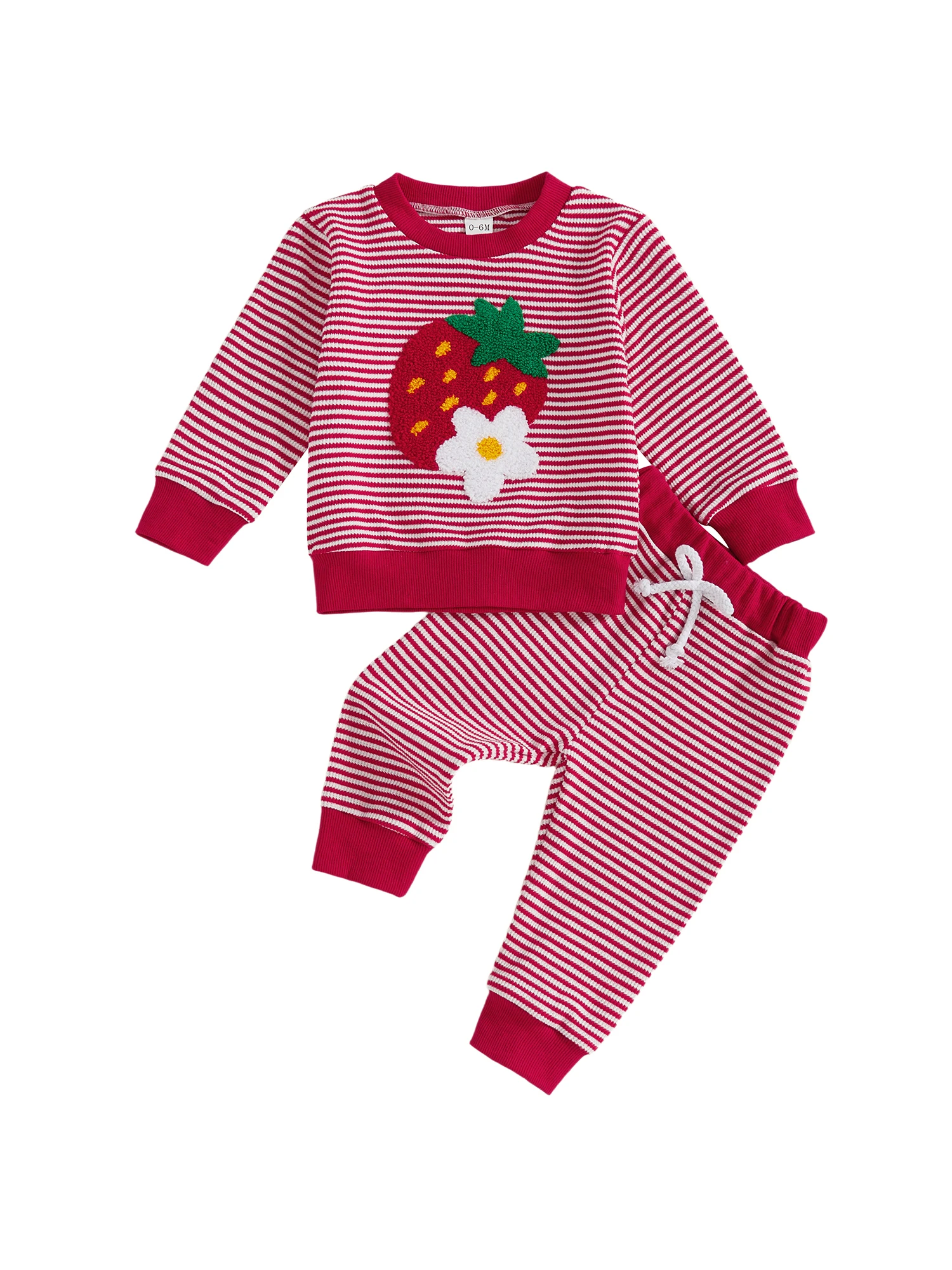 Adorável conjunto de roupas de outono para bebês meninas com top bordado de morango fofo e calças listradas para a temporada de outono