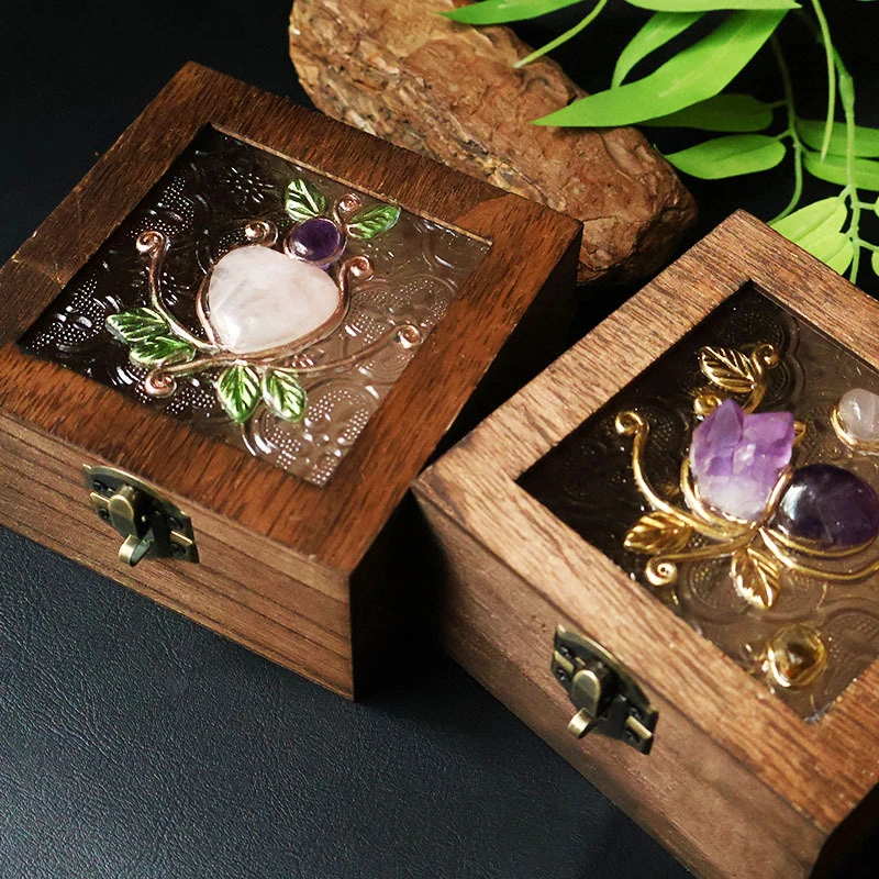 Natural Crystal Inlaid With Amethyst Powder Crystal Amethyst Flower wooden Box Retro Storage Box Jewelry Box