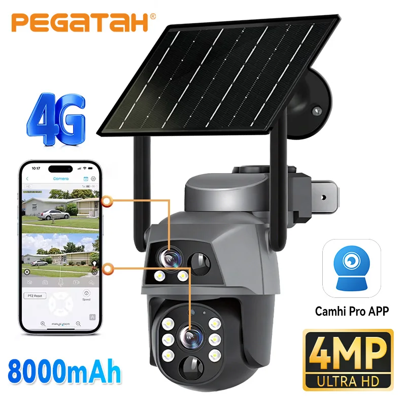 

8MP 4K 4G Solar PTZ Camera Dual Lens Outdoor Solar Panel Built-in Battery Auto Tracking WiFi CCTV