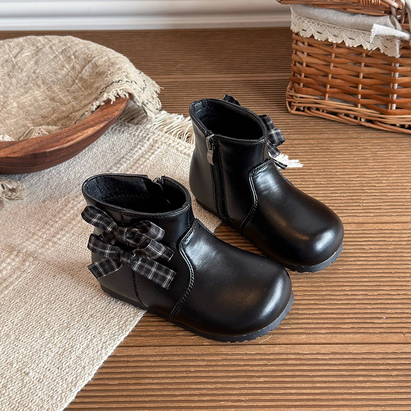 2026 Toddler Girls Ankle Booties Side Zipper Plaid Bow Decor Soft Non Slip Sole For Autumn Winter Daily Dress Up Party Occasions