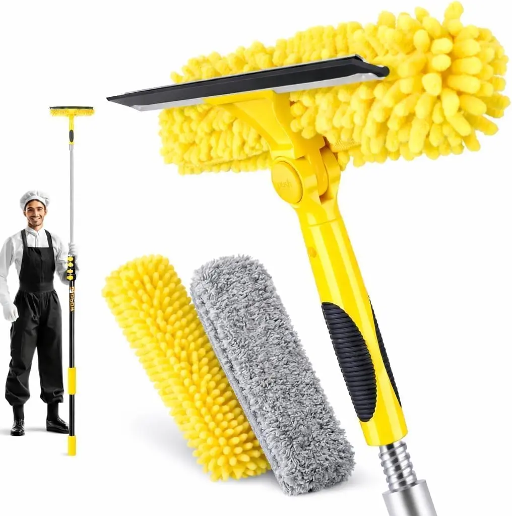 

24-футовый высокопроизводительный скребок для окон с удлинительной штангой, комплект 2-в-1 для высоких окон, солнечных панелей, стекол автодомов — без лестницы