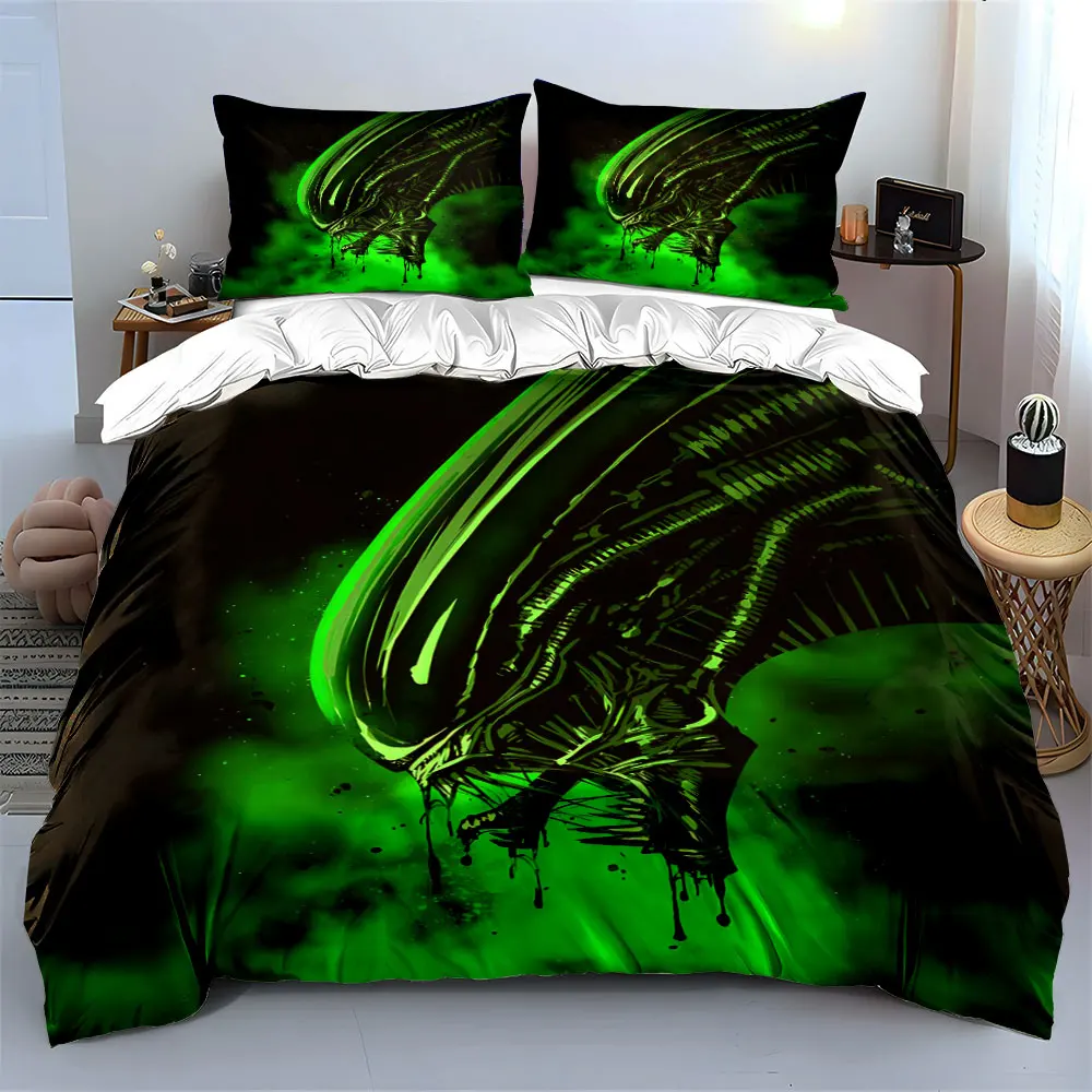 Neon green dark aesthetic Alien Creature Print Bedding Set 1 Duvet Cover 2 Pillowcases for Adult and Children Luxury Gift
