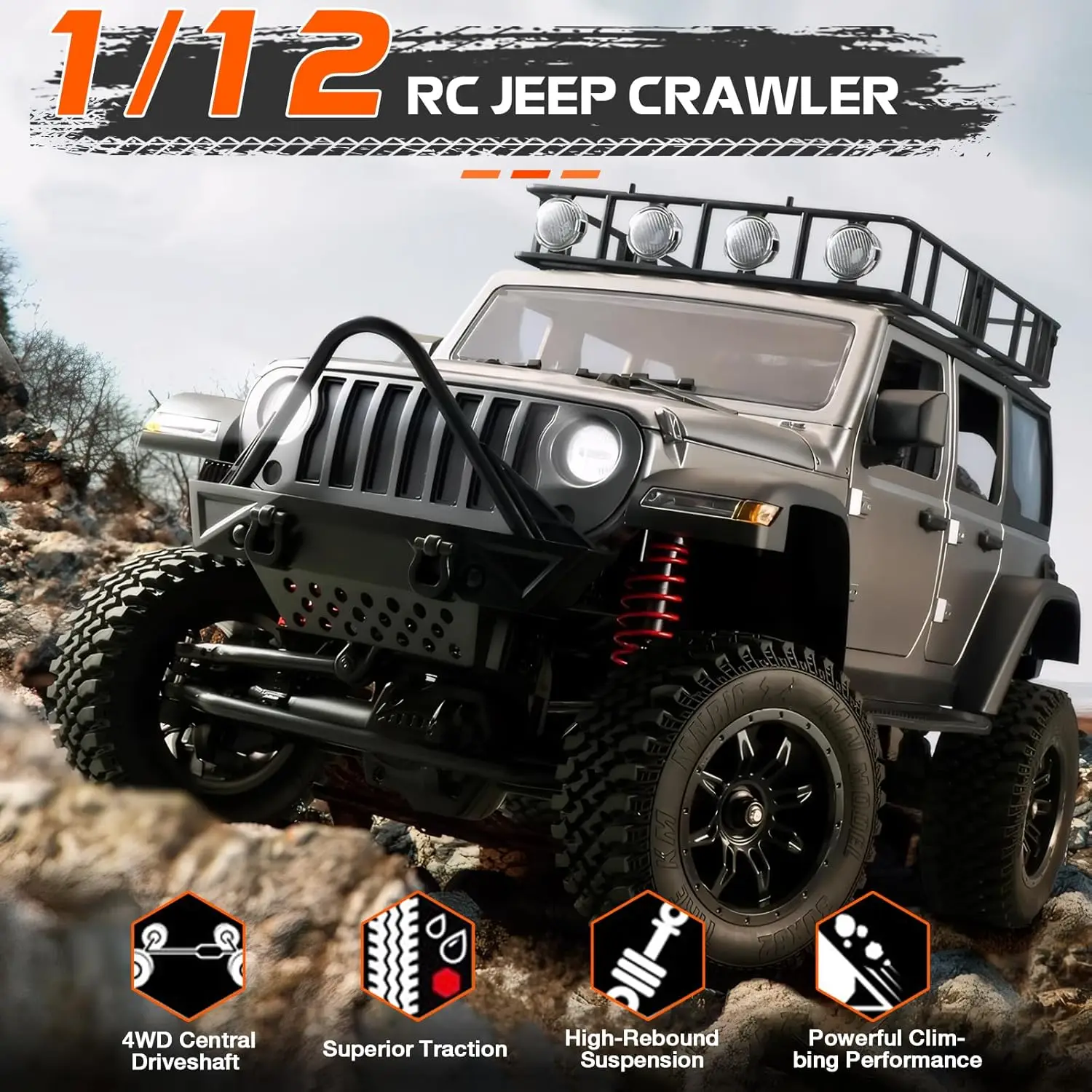 MN128 1/12 RC Rock Crawler 4WD Off-Road Jeep RTR Truck | Wrangler Style Body, Full Proportional Control, LED Lights, Trail Ready
