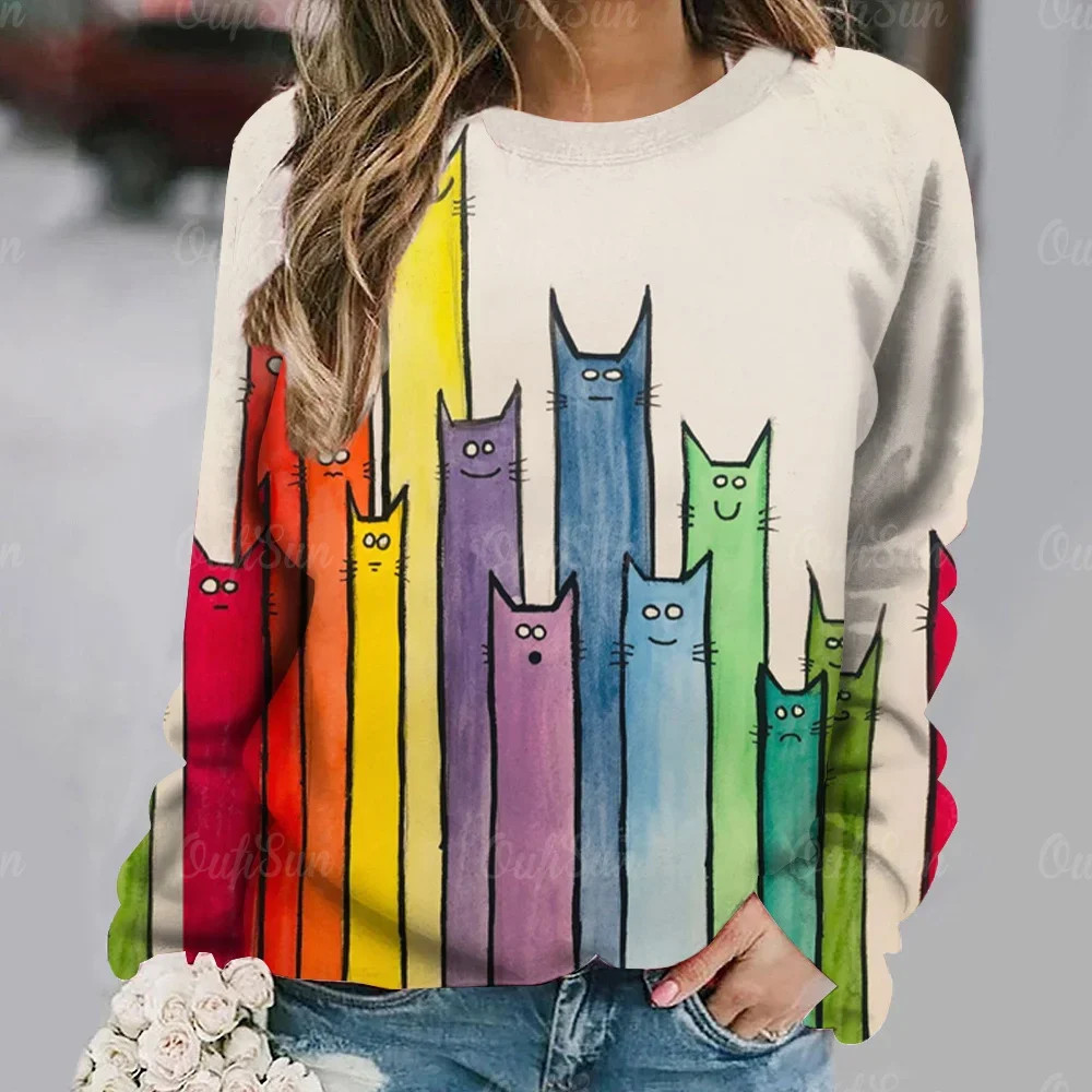 Anime Cat Printed Women\'s T-shirt Vintage Style Sweater Cotton O-neck Y2k Long Sleeve Ladies Clothing Oversized Street Pullover