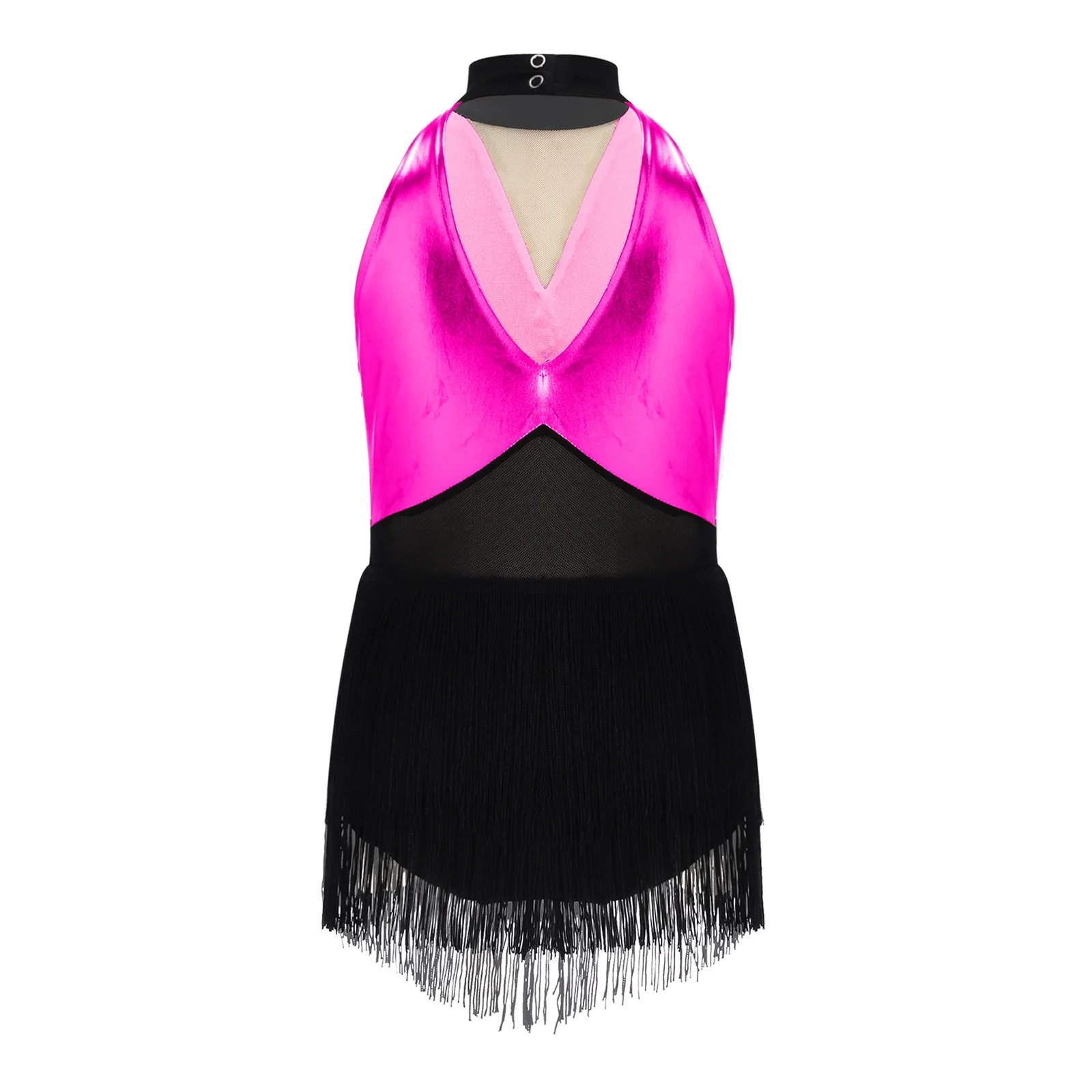 

Shiny Sequins Latin Dance Dress Girls Tango Cha-cha Salsa Rumba Performance Costume Halter Sleeveless Mesh Tassels Leotard Dress